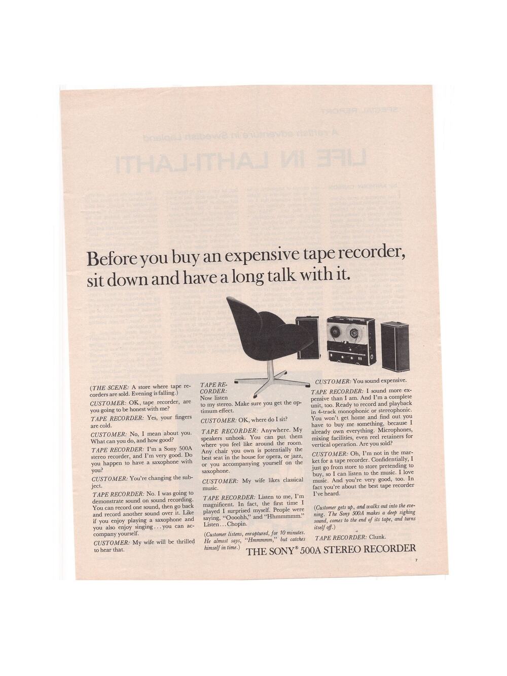 Sony 500A Stereo Recorder Magazine Advertisement 1964 Vintage Home Audio Tape